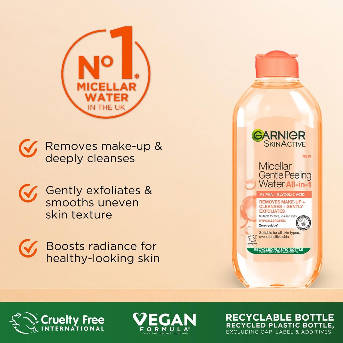 Garnier Skin Active Micellar Gentle Peeling Water Cleanse, Exfoliate & Glow 400 ml / 13.5 fl oz 3 Pack