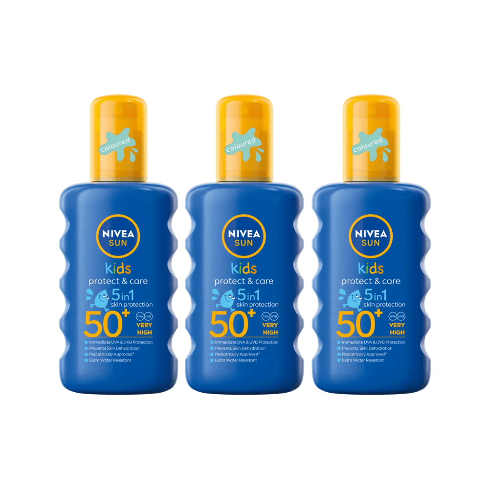 Nivea Sun Kids Protect & Care Coloured Sun Cream Spray SPF50+ 200ml / 6.8 fl.oz - 3 Pack