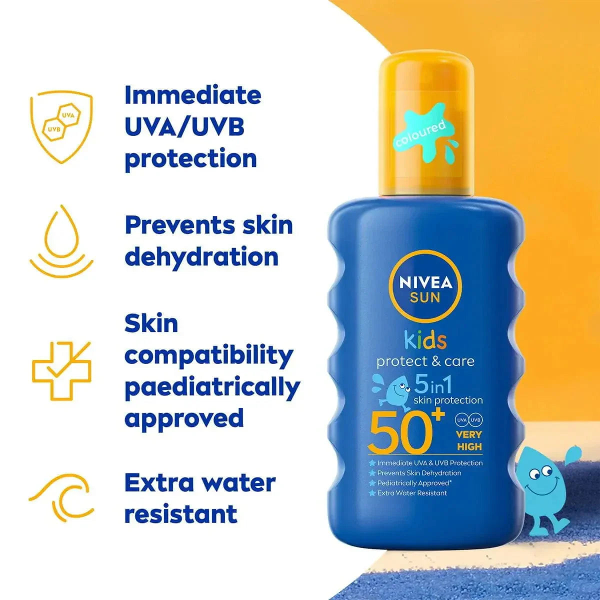 Nivea Sun Kids Protect & Care Coloured Sun Cream Spray SPF50+ 200ml / 6.8 fl.oz - 3 Pack