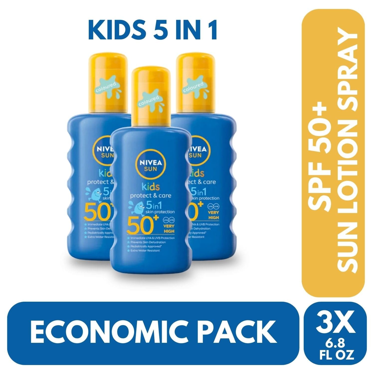 Nivea Sun Kids Protect & Care Coloured Sun Cream Spray SPF50+ 200ml / 6.8 fl.oz - 3 Pack