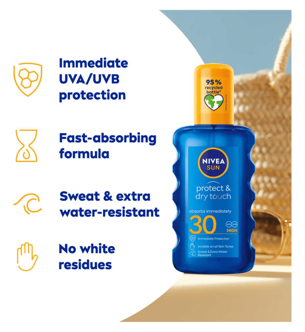 Nivea Sun Protect & Dry Touch Sun Cream Spray SPF30 200 ml / 6.8 fl.oz - 3 Pack