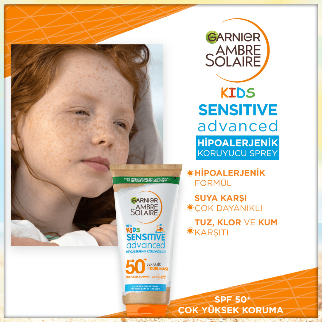 Garnier Ambre Solaire Sensitive Advanced Çocuk Hipoalerjenik Güneş Koruyucu Süt SPF50+ 175ML - Melori