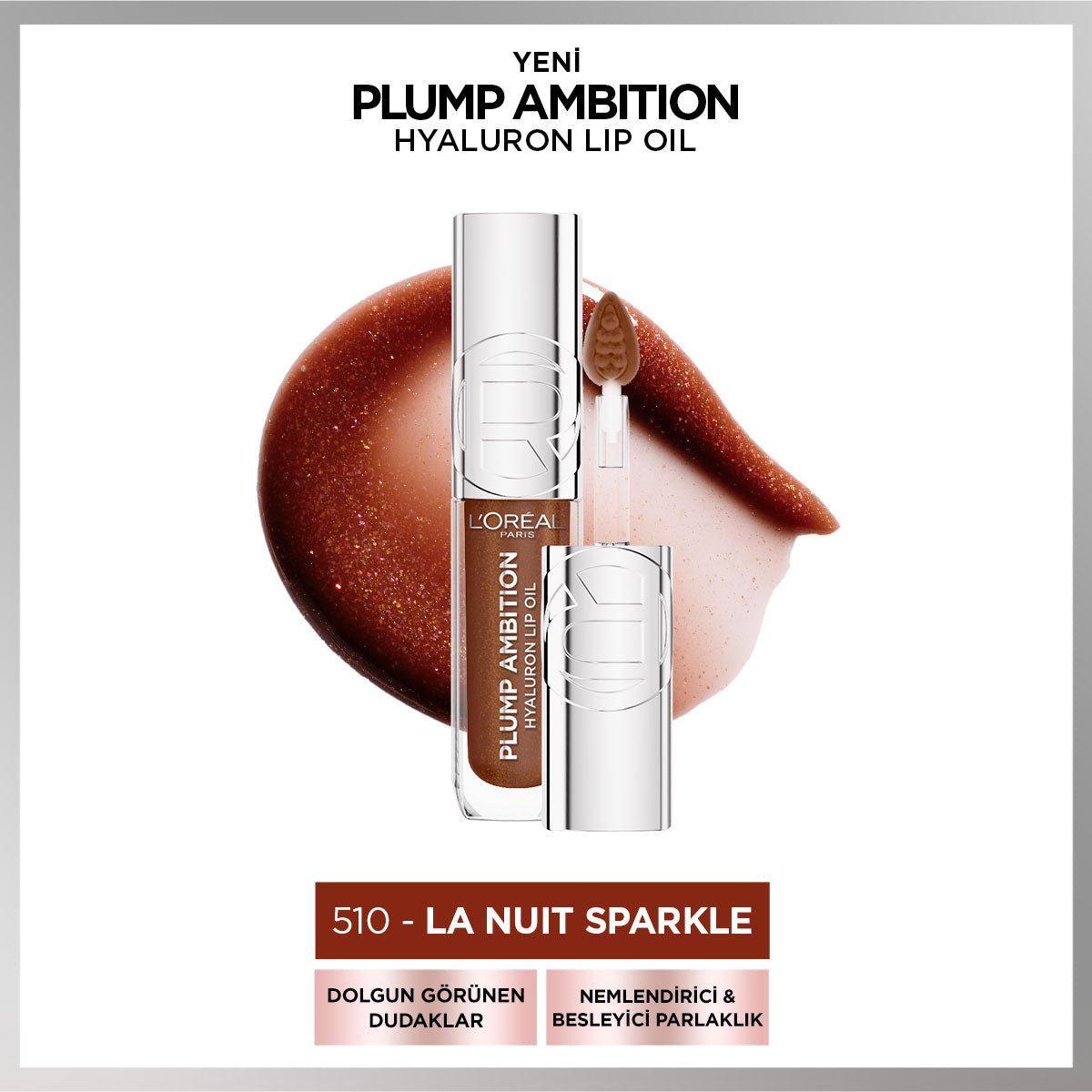 Loreal Paris Plump Ambition Hyaluron Lip Oil Besleyici ve Nemlendirici Dudak Parlatıcısı - 510 La Nuit Sparkle - Melori