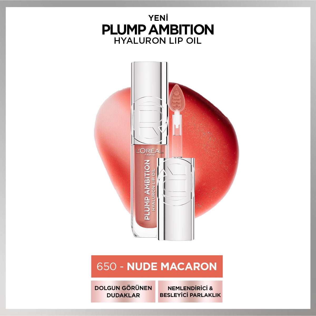 Loreal Paris Plump Ambition Hyaluron Lip Oil Besleyici ve Nemlendirici Dudak Parlatıcısı - 650 Nude Macaron - Melori
