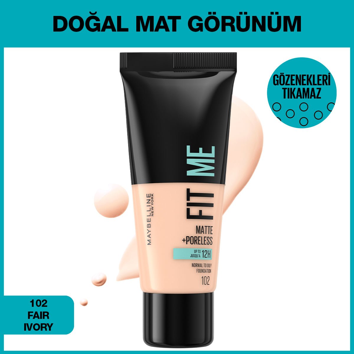 Maybelline New York Fit Me Matte+Poreless Fondöten - 102 Fair Ivory - Melori