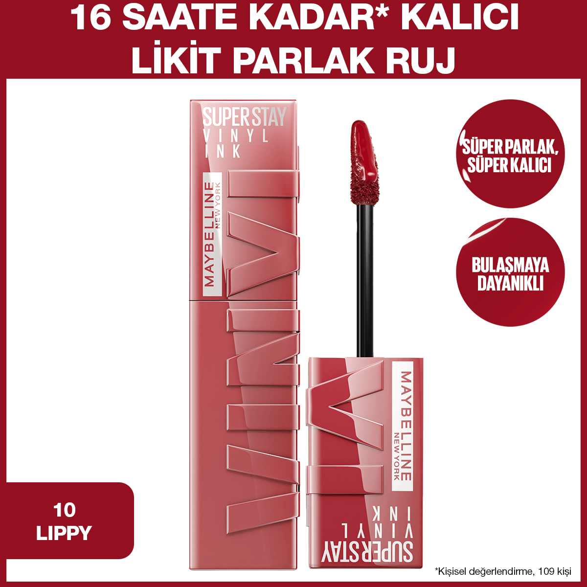 Maybelline New York Super Stay Vinyl Ink Uzun Süre Kalıcı Likit Parlak Ruj 10 Lippy - Melori