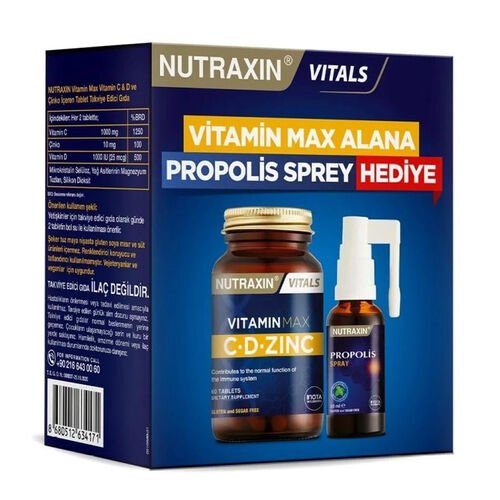 Nutraxin Vitamin Max C - D - Zinc 60 Tablet + Propolis Spray 30 ml HEDiYE - Melori