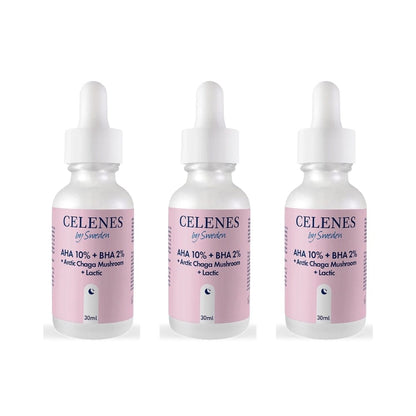 Celenes by Sweden Rena AHA 10% + BHA 2% + Arctic Chaga Mushroom + Lactic 30 ml-3 Pack