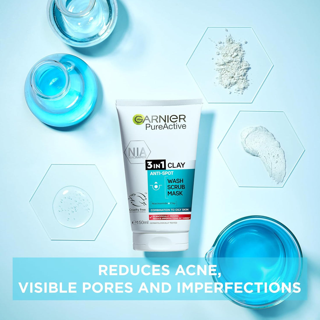 Garnier Skin Active Pure Active 3 in 1 Wash, Scrub &amp; Mask 150 ml 3 Pack