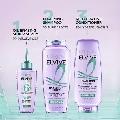 Loreal Elseve Hydra [Hyaluronic] Pure Salicylic Acid Anti-Oil Purifying Shampoo 300 ml -3 Pack