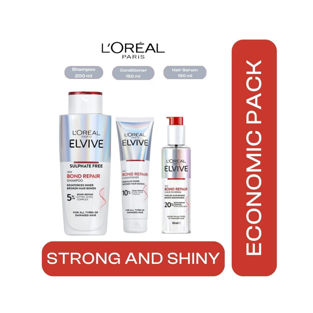 Loreal Paris Elseve (Elvive) Bond Repair 3 Economic Pack Shampoo,Conditioner and Lamination Hair Care Set