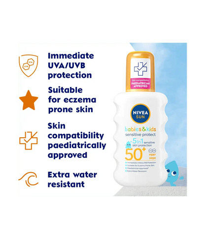 Nivea Sun Kids Sensitive Protect SPF 50+ Sun Lotion Spray 200ml / 6.8 fl.oz - 3 Pack