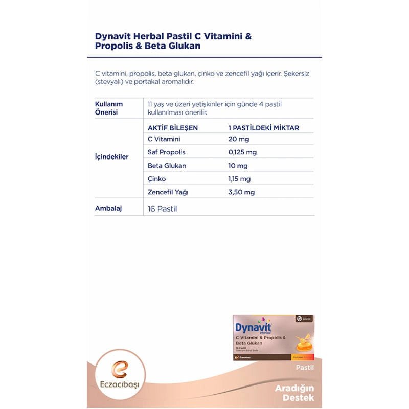 Eczacıbaşı Dynavit Herbal C Vitamini - Propolis ve Beta Glukan İçerikli Pastil 16 Adet - Melori