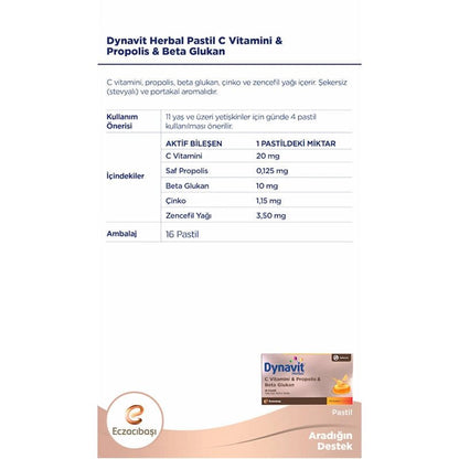 Eczacıbaşı Dynavit Herbal C Vitamini - Propolis ve Beta Glukan İçerikli Pastil 16 Adet - Melori