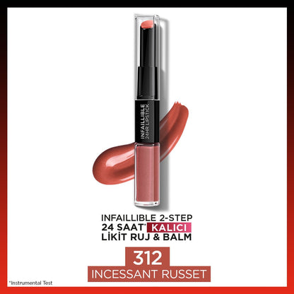 Loreal Paris Infaillible 2 - Step 24 Saat Kalıcı Likit Ruj &amp; Balm - 312 Incessant Russet - Melori