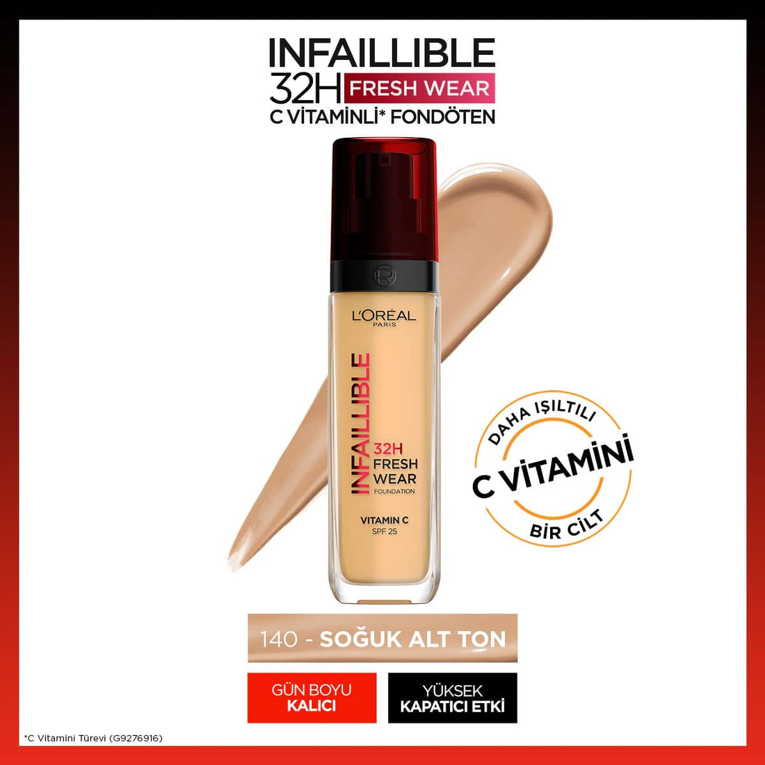Loreal Paris Infaillible 32H Fresh Wear C Vitaminli Fondöten - 140 Golden Beige - Melori