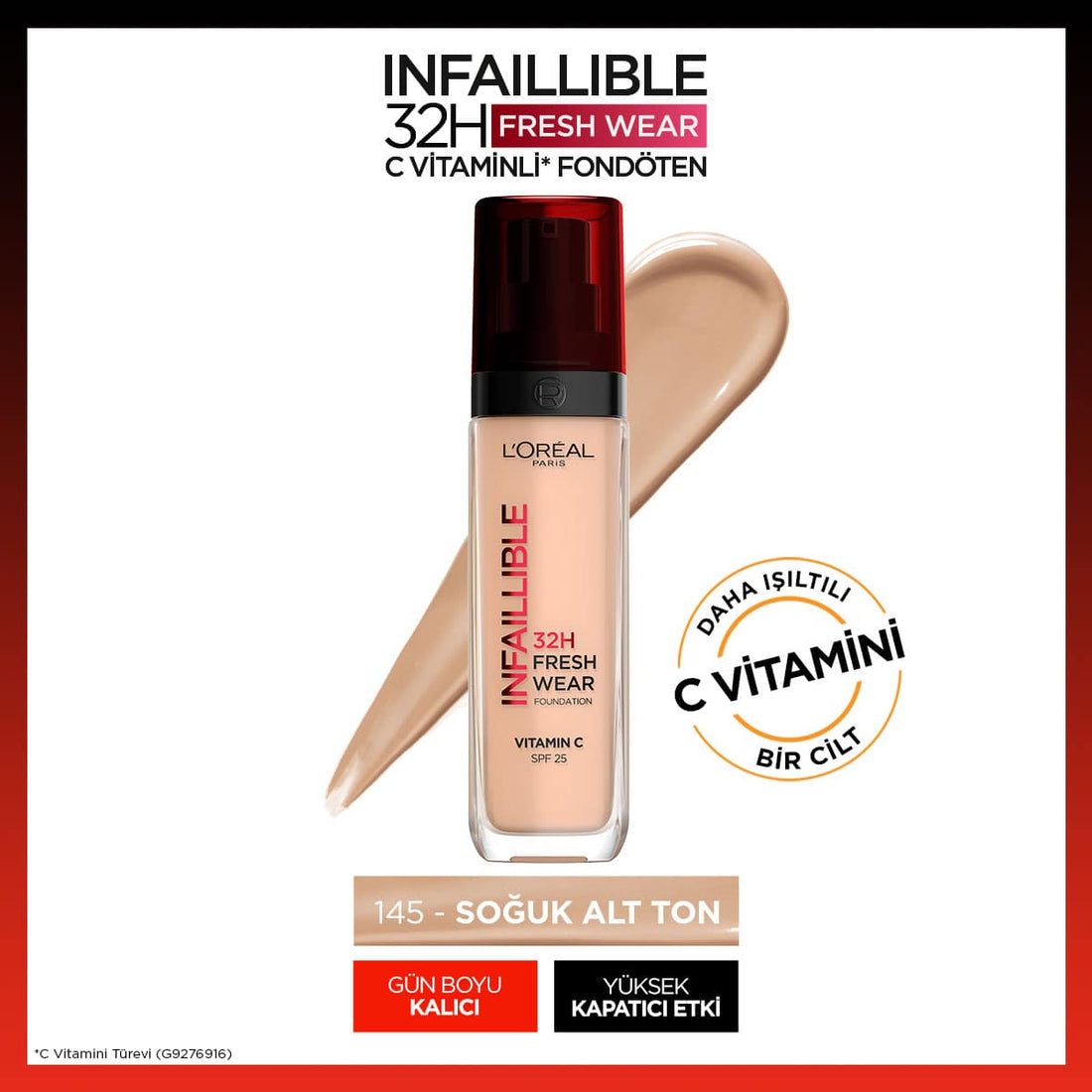 Loreal Paris Infaillible 32H Fresh Wear C Vitaminli Fondöten - 145 Rose Beige - Melori