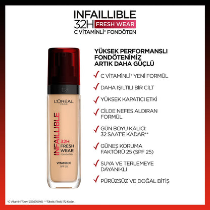 Loreal Paris Infaillible 32H Fresh Wear C Vitaminli Fondöten - 145 Rose Beige - Melori