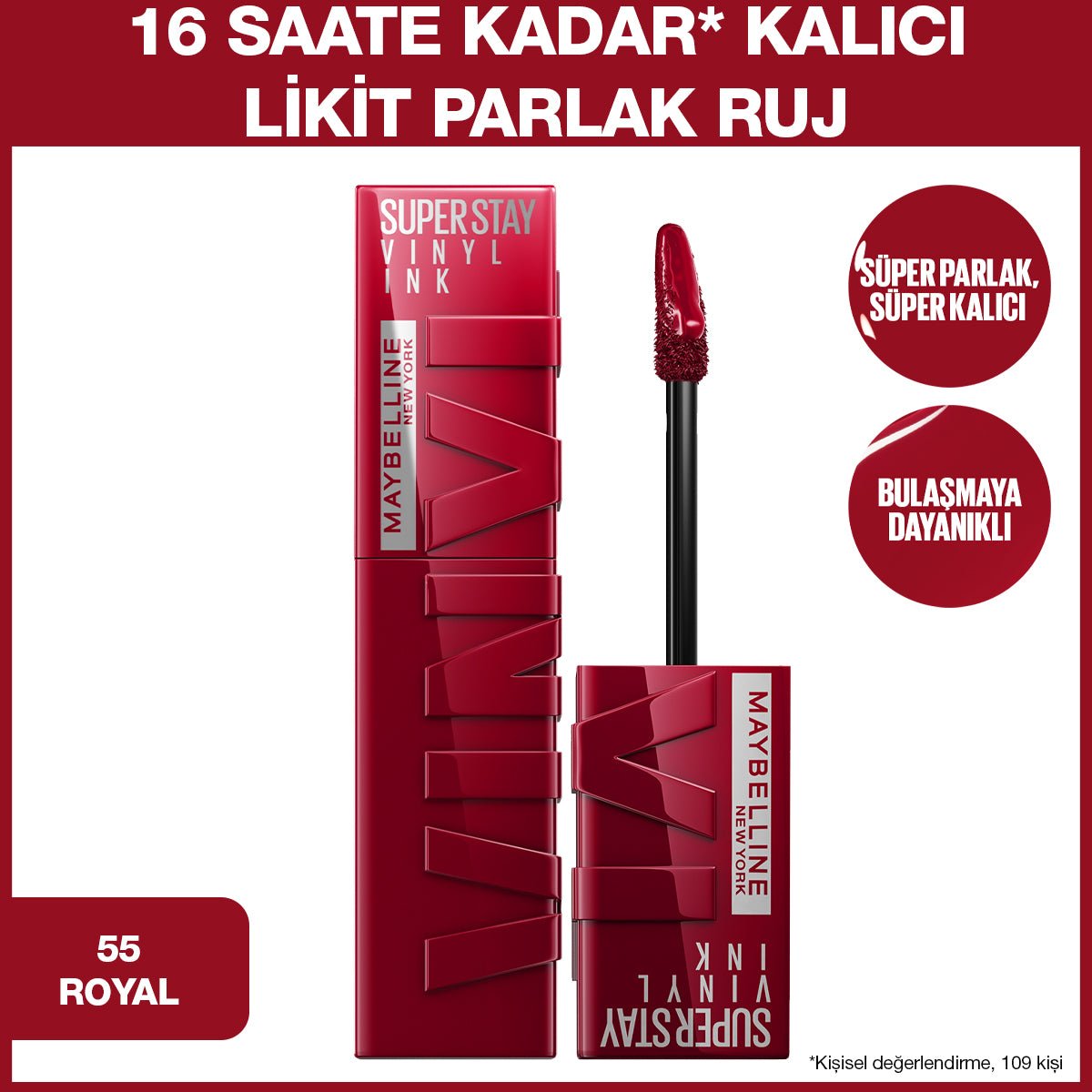 Maybelline New York Super Stay Vinyl Ink Uzun Süre Kalıcı Likit Parlak Ruj 55 Royal - Melori