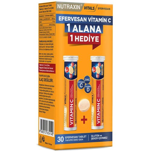 Nutraxin Efervesan - Vitamin C - D - ZINC 15 Efervesan Tablet - 1 ALANA 1 BEDAVA - Melori